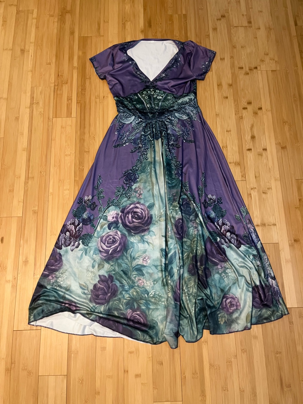Floral Ombre Evening Gown in Purple and Teal